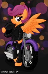 Size: 3300x5100 | Tagged: safe, artist:drawponies, scootaloo, pony, g4, bipedal, clothes, female, helmet, motorcycle, older, solo