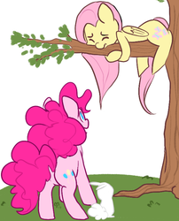 Size: 595x737 | Tagged: safe, artist:mt, angel bunny, fluttershy, pinkie pie, g4, scared, tree