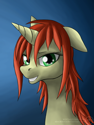 Size: 750x1000 | Tagged: safe, artist:adalbertus, oc, oc only, oc:amber drop, pony, unicorn, floppy ears, grin, looking at you, portrait, smiling, solo