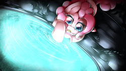 Size: 1920x1080 | Tagged: safe, artist:mixipony, pinkie pie, pony, g4, too many pinkie pies, cave, cave pool, colored pupils, female, mirror pool, open mouth, scene interpretation, solo, water