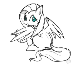 Size: 1953x1685 | Tagged: safe, artist:sharmie, fluttershy, g4, back, black and white, female, grayscale, monochrome, partial color, sketch, solo