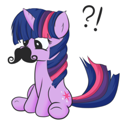 Size: 1000x1000 | Tagged: safe, artist:finalflutter, twilight sparkle, pony, unicorn, g4, confused, exclamation point, female, interrobang, mare, moustache, question mark, simple background, sitting, solo, transparent background