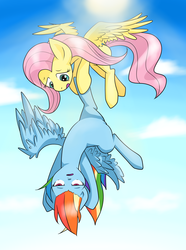 Size: 2592x3484 | Tagged: safe, artist:nekokevin, fluttershy, rainbow dash, g4, carrying, flying, upside down