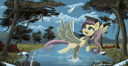 Size: 1024x533 | Tagged: dead source, safe, artist:auroriia, fluttershy, g4, female, paper airplane, river, solo