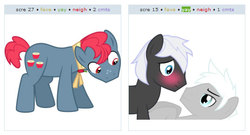 Size: 538x291 | Tagged: safe, artist:toughbluff, apple split, oc, oc only, oc:patience, oc:zephyr wing, pony, g4, blushing, exploitable meme, gay, juxtaposition, juxtaposition win, male, meme, simple background, stallion, vector