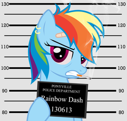 Size: 1782x1706 | Tagged: safe, artist:jennieoo, rainbow dash, g4, bandaid, breaking bad, cigarette, ear piercing, earring, female, height scale, helix piercing, jesse pinkman, jewelry, mugshot, piercing, show accurate, smoking, solo