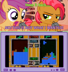 Size: 751x800 | Tagged: safe, babs seed, scootaloo, g4, exploitable meme, gamer babs, gamer scoot, meme, more columns than ancient greece, tetris, tetris smackdown, the freelance astronauts, tv meme