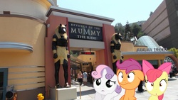 Size: 4288x2416 | Tagged: dead source, safe, artist:mario94, apple bloom, scootaloo, sweetie belle, earth pony, human, jackal, pegasus, pony, unicorn, anthro, g4, ancient egypt, anthro with ponies, anubis, architecture, armband, bow, building, clothes, craft, cutie mark crusaders, day, egyptian god, female, filly, foal, god, hair bow, hollywood, human female, human male, irl, male, photo, ponies in real life, revenge of the mummy, ride, sandals, sculpture, sign, skirt, sky, statue, the mummy, universal studios, universal studios hollywood, vector, warning, warning sign