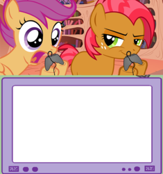 Size: 751x800 | Tagged: safe, babs seed, scootaloo, earth pony, pegasus, pony, g4, duo, exploitable, exploitable meme, female, filly, foal, gamer babs, gamer scoot, open mouth, shocked, smug, template, tv meme, video game