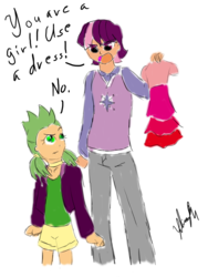 Size: 1536x2048 | Tagged: safe, artist:ishioshima, spike, twilight sparkle, g4, angry, barb, clothes, dialogue, dress, dressing, dusk shine, humanized, rule 63, sexism, stereotype, sweater vest, tomboy, too poofy