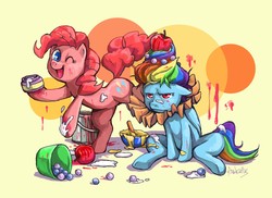 Size: 1645x1200 | Tagged: safe, artist:audrarius, pinkie pie, rainbow dash, g4, alternate hairstyle, apple, cupcake, dressup, messy, paint, paint on fur, rainbow dash always dresses in style, ruff (clothing)