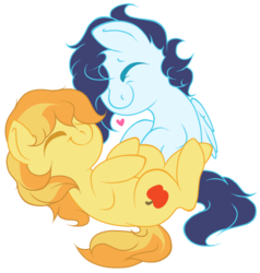 Size: 832x875 | Tagged: dead source, safe, artist:legalese, braeburn, soarin', earth pony, pegasus, pony, g4, chibi, cute, gay, heart, male, ship:soarburn, stallion