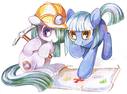 Size: 500x368 | Tagged: safe, artist:jiayi, limestone pie, marble pie, earth pony, pony, g4, alternate cutie mark, blueprint, cute, female, hard hat, hat, helmet, limabetes, map, marblebetes, mare, miner, mining helmet, pickaxe, simple background, traditional art, treasure hunting, white background