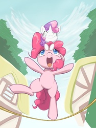 Size: 2400x3200 | Tagged: safe, artist:aymint, pinkie pie, sweetie belle, pony, g4, balance, balancing, bipedal, dizzy, drawfag, pony hat, riding, sweat, sweatdrop, sweetiehat, swirly eyes, tightrope