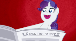 Size: 1363x738 | Tagged: safe, edit, edited screencap, screencap, rarity, pony, unicorn, g4, my little pony: friendship is magic, ponyville confidential, female, horn, i'll destroy her, inverted mouth, mare, newspaper, open mouth, solo