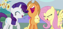 Size: 629x294 | Tagged: safe, screencap, applejack, fluttershy, rarity, g4, laughingmares.jpg