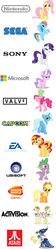 Size: 1000x4500 | Tagged: safe, applejack, diamond tiara, flam, flim, fluttershy, pinkie pie, rainbow dash, rarity, spike, star swirl the bearded, sunset shimmer, trixie, pony, g4, activision, atari, bandai namco, capcom, chart, consoles, ea, ea games, electronic arts, flim flam brothers, microsoft, nintendo, sega, simple background, sony, ubisoft, valve, video game