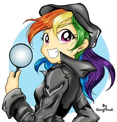 Size: 2000x2094 | Tagged: safe, artist:nancysauria, rainbow dash, human, g4, clothes, detective, female, grin, hat, humanized, looking at you, looking back, looking back at you, magnifying glass, signature, smiling, solo