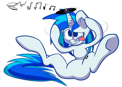 Size: 1280x909 | Tagged: safe, artist:extradan, dj pon-3, vinyl scratch, pony, unicorn, g4, cute, featureless crotch, female, horn, record, simple background, solo, the uses of unicorn horns, underhoof, vinylbetes, white background