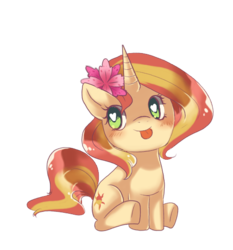 Size: 500x537 | Tagged: dead source, safe, artist:loyaldis, sunset shimmer, pony, unicorn, g4, :p, blushing, chibi, cute, female, flower, flower in hair, heart eyes, shimmer, shimmerbetes, sitting, smiling, solo, tongue out, underhoof