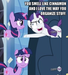 Size: 1280x1400 | Tagged: safe, edit, edited screencap, screencap, rarity, twilight sparkle, g4, complimenting rarity, image macro, inverted mouth, meme