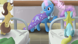 Size: 1900x1080 | Tagged: safe, artist:hengebellika, angel bunny, trixie, oc, g4, bed, foal, hospital, magic, unamused