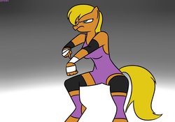 Size: 1280x896 | Tagged: safe, artist:mofetafrombrooklyn, ms. harshwhinny, anthro, unguligrade anthro, g4, female, impatient, leotard, solo, waiting, wrestling