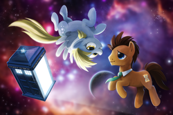 Size: 1500x1000 | Tagged: safe, artist:tsaoshin, derpy hooves, doctor whooves, time turner, earth pony, pegasus, pony, g4, doctor who, duo, female, male, mare, planet, space, stallion, tardis, the doctor