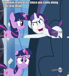 Size: 878x960 | Tagged: safe, edit, edited screencap, screencap, rarity, twilight sparkle, g4, chocolate, complimenting rarity, food, hot chocolate, image macro, inverted mouth, meme, song reference, you sexy thing