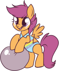 Size: 322x390 | Tagged: source needed, safe, artist:lulubell, scootaloo, g4, beach ball, clothes, cute, cutealoo, female, one-piece swimsuit, open-back swimsuit, simple background, solo, swimsuit, transparent background