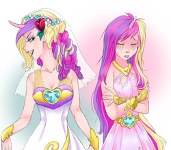 Size: 606x532 | Tagged: safe, artist:zoe-productions, princess cadance, queen chrysalis, changeling, human, a canterlot wedding, g4, breasts, clothes, crying, crystal heart, disguise, disguised changeling, dress, duality, fake cadance, female, humanized, skinny, thin