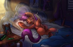 Size: 900x582 | Tagged: safe, artist:tsitra360, rainbow dash, scootaloo, pegasus, pony, g4, bed, bedroom, derp, female, filly, horseshoes, making faces, morning ponies, picture, picture frame, scootaloo's house, scooter, sleeping, solo