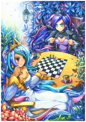 Size: 770x1102 | Tagged: safe, artist:emperpep, princess celestia, princess luna, human, g4, breasts, checkmate, chess, cleavage, copic, duo, female, flower, horn, horned humanization, humanized, jewelry, regalia, siblings, sisters, street lamp, table, tabletop game, tea, traditional art, watercolor painting, winged humanization