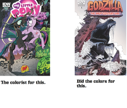 Size: 1672x1424 | Tagged: safe, idw, queen chrysalis, twilight sparkle, kaiju, g4, comics, godzilla, godzilla (series), godzilla the half-century war, heather breckel