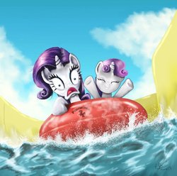 Size: 800x792 | Tagged: dead source, safe, artist:reillyington86, rarity, sweetie belle, g4, inner tube, water park, water slide