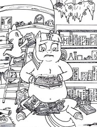 Size: 783x1020 | Tagged: safe, artist:nvc19, spike, twilight sparkle, fanfic:mlp friendship is weight gain, g4, black and white, book, book title humor, bookshelf, chubby cheeks, double chin, duo, fat, grayscale, indoors, library, magic, monochrome, reference, telekinesis, twilard sparkle, weight gain