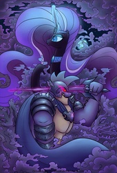 Size: 818x1200 | Tagged: safe, artist:celestiathegreatest, nightmare rarity, spike, dragon, pony, unicorn, g4, bad end, beefspike, female, glowing, glowing horn, horn, magic, magic aura, male, nightmare spike, ship:nightmare sparity, shipping, straight