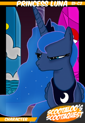Size: 759x1101 | Tagged: safe, artist:ajmstudios, princess luna, g4, collector cards, female, scootaloo's scootaquest cards, solo, trading card