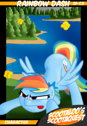 Size: 759x1101 | Tagged: safe, artist:ajmstudios, rainbow dash, butterfly, g4, collector cards, female, scootaloo's scootaquest cards, solo, trading card