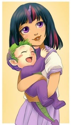 Size: 292x515 | Tagged: safe, artist:zoe-productions, spike, twilight sparkle, g4, baby spike, brother and sister, children, clothes, female, filly twilight sparkle, footed sleeper, horn, horned humanization, humanized, male, pajamas, skirt, younger