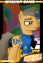 Size: 759x1101 | Tagged: safe, artist:ajmstudios, oc, oc only, oc:sergeant brass, collector cards, ponyville police, scootaloo's scootaquest cards, sergeant brass, solo, trading card