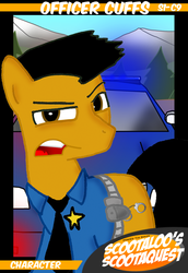 Size: 759x1101 | Tagged: safe, artist:ajmstudios, oc, oc only, oc:officer cuffs, collector cards, officer cuffs, ponyville police, scootaloo's scootaquest cards, solo, trading card
