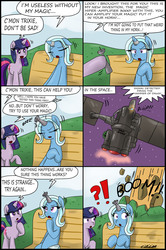 Size: 2036x3070 | Tagged: safe, artist:ciriliko, trixie, twilight sparkle, g4, comic, creeper, gears of war, hammer of dawn, satellite