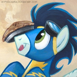 Size: 500x497 | Tagged: safe, artist:kenket, artist:spainfischer, soarin', pegasus, pony, g4, balancing, cute, male, pie, ponies balancing stuff on their nose, soarinbetes, solo, stallion, that pony sure does love pies, tongue out, wonderbolts uniform