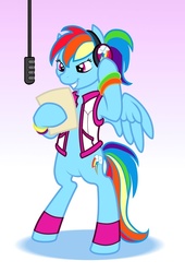 Size: 700x1029 | Tagged: safe, artist:wazaga, rainbow dash, pegasus, pony, g4, bipedal, bracelet, clothes, female, headphones, leg warmers, mare, microphone, paper, radio, simple background, solo, vest, white background, wristband