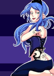 Size: 313x438 | Tagged: safe, artist:zoe-productions, princess luna, human, g4, barefoot, buttcrack, feet, female, humanized, kneeling, looking at you, looking back, smiling, solo, tattoo