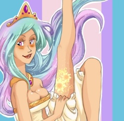 Size: 335x325 | Tagged: safe, artist:zoe-productions, princess celestia, human, g4, cleavage, female, humanized, legs, looking at you, skinny, smiling, solo, tattoo, thin
