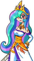 Size: 480x838 | Tagged: safe, artist:kurus22, princess celestia, human, g4, clothes, cute, cutelestia, female, gloves, hair over one eye, hand on hip, humanized, long gloves, open mouth, side slit, simple background, skinny, solo, thin, white background
