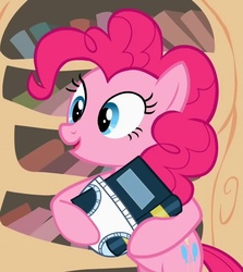Size: 643x720 | Tagged: safe, screencap, pinkie pie, baby cakes, g4, bipedal, book, cropped, diaper, female, golden oaks library, solo, wat