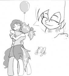 Size: 1362x1500 | Tagged: safe, artist:dj-black-n-white, oc, oc only, oc:hope, oc:pogo, satyr, balloon, comforting, eyes closed, female, grayscale, hug, monochrome, offspring, parent:lyra heartstrings, parent:pinkie pie, simple background, traditional art, white background
